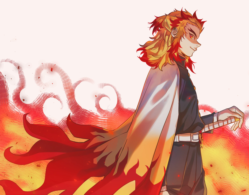 1boy arm_at_side belt closed_mouth embers fire forked_eyebrows from_side halorane hand_on_hilt highres kimetsu_no_yaiba male_focus multicolored_hair ponytail red_eyes rengoku_kyoujurou solo sword weapon white_background white_belt