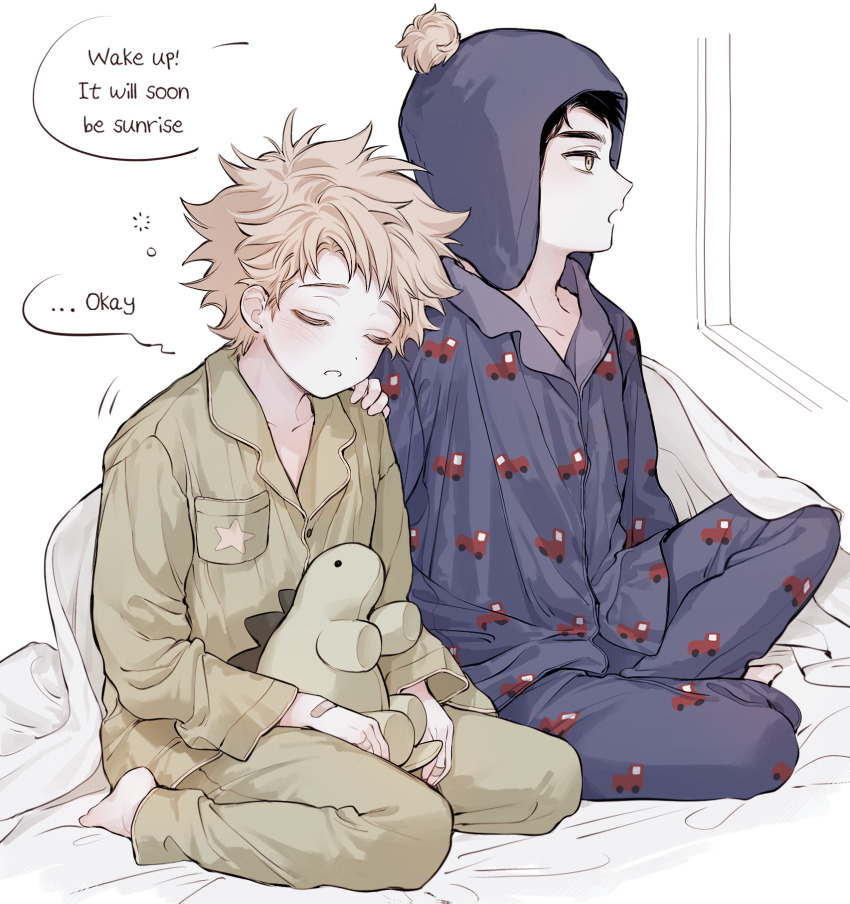 0o0_w_o0 2boys animification bandaid bandaid_on_hand barefoot black_hair blanket blonde_hair chullo closed_eyes commentary craig_tucker english_text full_body highres holding holding_stuffed_toy long_sleeves male_focus multiple_boys open_mouth pajamas short_hair south_park squeans stuffed_dinosaur stuffed_toy tweek_tweak yellow_eyes