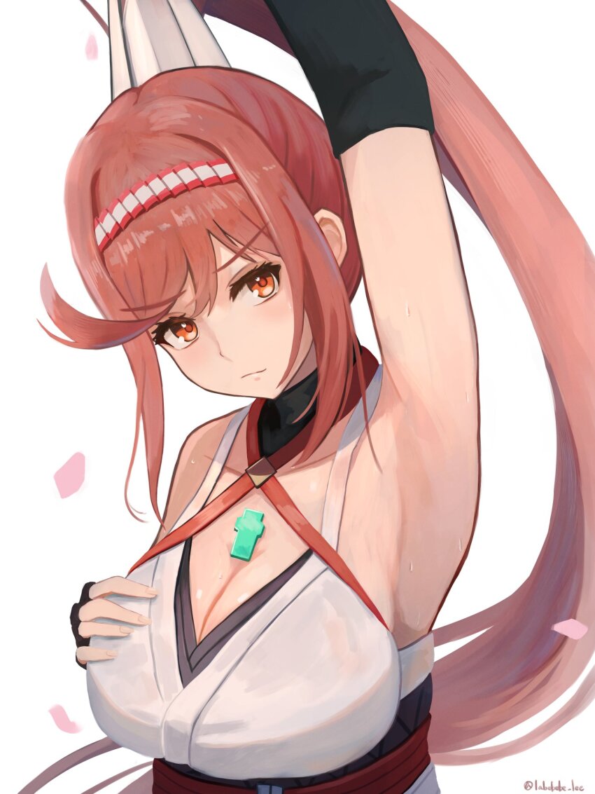 1girl arm_up armpit_focus armpits black_gloves breasts cleavage commentary_request core_crystal_(xenoblade) elbow_gloves fingerless_gloves glimmer_(xenoblade) gloves grabbing_own_breast halterneck high_ponytail highres labebebe_lee large_breasts long_hair looking_at_viewer orange_eyes ponytail red_hair red_sash revision sash simple_background solo white_background xenoblade_chronicles_(series) xenoblade_chronicles_3 xenoblade_chronicles_3:_future_redeemed