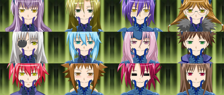 6+girls :3 =_= anger_vein black_gloves blue_eyes blue_hair blush brown_hair cinque_(nanoha) closed_mouth cyborg deed_(nanoha) dieci_(nanoha) due_(nanoha) earrings eyepatch fingersmile forced_smile forehead_protector fur_collar glasses gloves green_eyes hair_between_eyes hair_tie half-closed_eyes hands_up headgear jewelry long_hair looking_at_viewer lyrical_nanoha mahou_shoujo_lyrical_nanoha_strikers military military_uniform multiple_girls nove_(nanoha) numbers_(nanoha) orange_eyes otto_(nanoha) pink_eyes pink_hair portrait purple_hair quattro_(nanoha) red_eyes red_hair sein_(nanoha) sette_(nanoha) short_hair silver_hair smile spiked_hair tre_(nanoha) uno_(nanoha) wendi_(nanoha) yellow_eyes