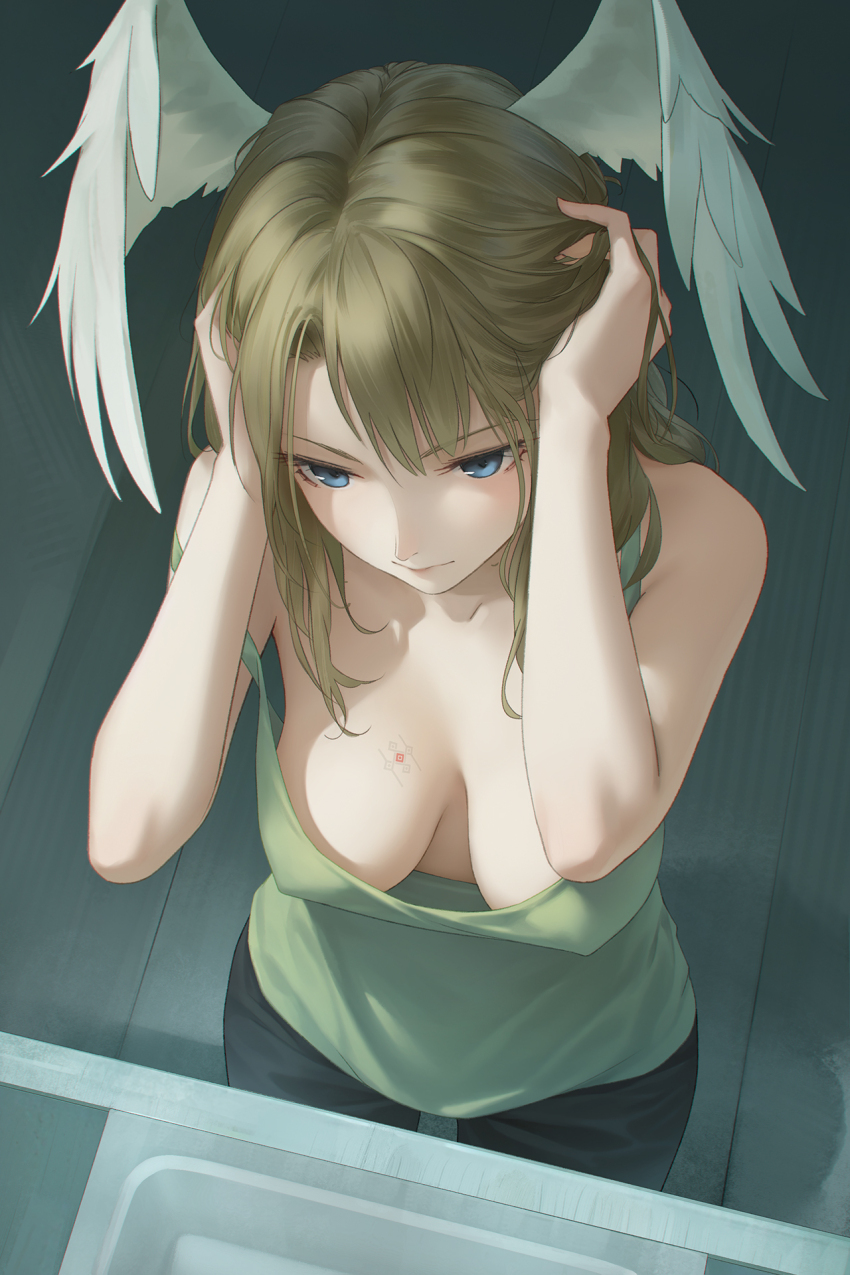 1girl adjusting_hair blue_eyes breast_tattoo breasts covered_erect_nipples downblouse eunie_(xenoblade) feathered_wings from_above hand_in_own_hair hands_on_own_head head_wings highres large_breasts medium_hair miura-n315 no_bra sink solo standing strap_slip tank_top tattoo white_wings wings xenoblade_chronicles_(series) xenoblade_chronicles_3