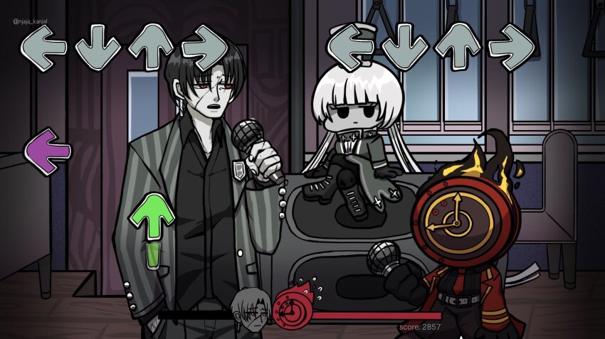 1boy 1girl 1other arrow_(symbol) black_hair charon_(project_moon) chibi cowboy_shot dante_(limbus_company) friday_night_funkin&#039; full_body gameplay_mechanics highres limbus_company microphone njaja_kanja object_head parody project_moon vergilius_(project_moon) white_hair