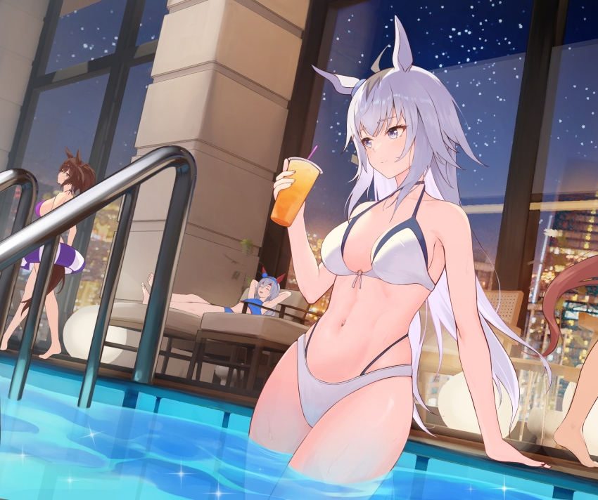 4girls alternate_costume animal_ears armpits barefoot bikini blue_bikini blue_eyes blush breasts brown_hair cai_ji_(user_jmrv4342) closed_eyes closed_mouth commentary_request cup disposable_cup drinking_straw ear_covers ear_ornament ear_piercing full_body grey_bikini grey_hair hair_between_eyes hair_ornament hairband highres holding holding_cup horse_ears horse_girl horse_tail inari_one_(umamusume) indoors large_breasts long_hair multicolored_hair multiple_girls oguri_cap_(umamusume) on_chair open_mouth partially_submerged piercing pool pool_ladder poolside purple_bikini revision streaked_hair swimsuit tail tamamo_cross_(umamusume) twintails umamusume very_long_hair