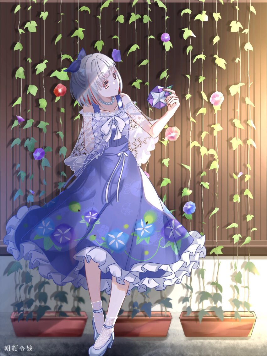 1girl asagao_reijou_(love_live!) bare_shoulders blue_dress blue_flower blue_shoes bob_cut collarbone colored_inner_hair commentary_request diagonal_bangs dress flower full_body grey_hair high_heels highres holding inverted_bob link!_like!_love_live! long_dress looking_at_object love_live! morning_glory multicolored_hair off_shoulder official_alternate_costume origami pink_flower purple_flower red_eyes red_flower red_hair sakari_(pear_8_ll) shoes short_hair socks solo streaked_hair virtual_youtuber white_socks yugiri_tsuzuri