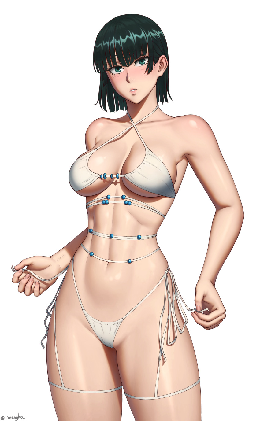 1girl absurdres bikini breasts fubuki_(one-punch_man) green_eyes green_hair highres large_breasts mangho medium_hair navel one-punch_man parted_lips side-tie_bikini_bottom simple_background solo swimsuit white_background white_bikini
