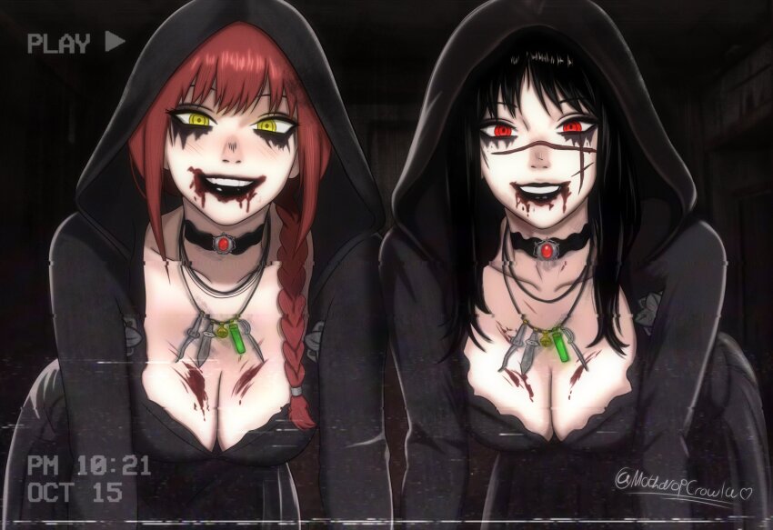 2girls absurdres artist_name bent_over black_choker black_hair black_hood blood blood_from_mouth blood_on_breasts braid breasts cassandra_dimitrescu cassandra_dimitrescu_(cosplay) chainsaw_man choker cleavage commentary cosplay daniela_dimitrescu daniela_dimitrescu_(cosplay) english_commentary gem highres large_breasts looking_at_viewer makima_(chainsaw_man) mothdropcrowla multiple_girls red_eyes red_gemstone red_hair resident_evil resident_evil_village scar scar_on_face single_braid twitter_username yellow_eyes yoru_(chainsaw_man)