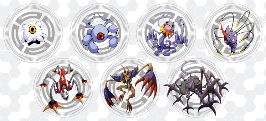 armagemon armor blonde_hair chrysalimon diablomon digimon digimon_(creature) evolutionary_line highres infermon keramon kuramon monster sharp_teeth tail teeth tsumemon