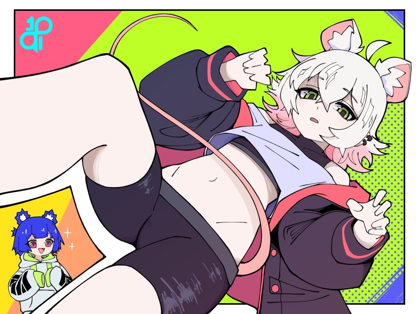 10qi 2girls :d absurdres ahoge animal_ear_fluff animal_ears bags_under_eyes bare_shoulders bear_ears bear_girl bike_shorts black_jacket black_shirt black_shorts blue_hair blunt_bangs blunt_sidelocks border borrowed_character buttons center-flap_bangs colored_tips commentary cosplay costume_switch covered_collarbone crop_top crop_top_overhang cropped_shirt curled_fingers curled_tail cut-in dot_nose double-parted_bangs dutch_angle ear_piercing english_commentary extra_ears eyebrows_hidden_by_hair fang feet_out_of_frame flat_chest flipped_hair from_below gift_art go!_go!_gris! green_eyes green_hoodie green_sleeve_cuffs grey_hoodie grey_shirt grin gris_(go!_go!_gris!) groin hair_between_eyes hair_flaps half-closed_eyes half_updo hands_up happy highres hood hood_down hooded_jacket hoodie jacket leg_up logo long_eyelashes long_sleeves looking_at_self looking_down midriff mouse_ears mouse_girl mouse_tail multicolored_hair multiple_girls multiple_piercings narrowed_eyes navel off-shoulder_shirt off_shoulder open_clothes open_jacket open_mouth original partially_shaded_face perl_(go!_go!_gris!) piercing pink_eyes pink_hair pink_jacket pink_tail pink_trim pocket ponytail print_hoodie puffy_long_sleeves puffy_sleeves raised_eyebrows red_eyes shirt short_hair short_ponytail short_shorts shorts sidelocks skindentation sleeveless sleeveless_shirt sleeves_past_fingers sleeves_past_wrists smile solo_focus sparkle standing standing_on_one_leg tail tail_around_waist tail_raised tareme thick_eyelashes thighs tsurime turtleneck turtleneck_shirt two-sided_fabric two-sided_jacket two-tone_hair unbuttoned upper_body white_border white_hair white_hoodie white_shirt wide-eyed