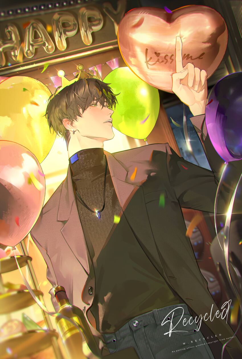 1boy absurdres artist_name balloon blurry bottle brown_hair brown_jacket chromatic_aberration confetti cowboy_shot crown fingernails grey_pants happy_birthday heart_balloon highres jacket jewelry lapels light_and_night_love long_sleeves male_focus necklace notched_lapels pants recycled ring ring_necklace short_hair wine_bottle xiao_yi_(light_and_night_love)