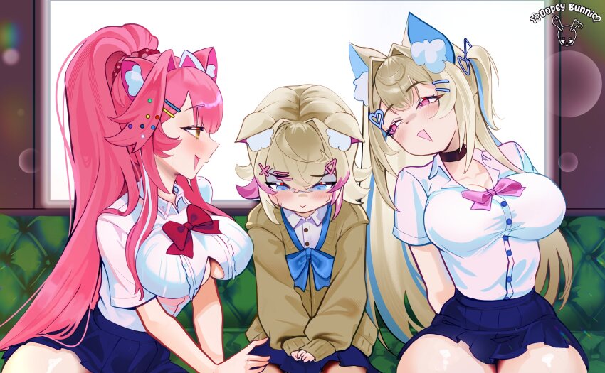 3girls absurdres animal_ear_fluff animal_ears black_choker blue_eyes blush breasts cardigan choker cleavage clothing_cutout dog_ears dog_girl dopeybunni fuwawa_abyssgard gyaru hair_between_eyes hair_intakes hair_ornament hairclip highres hololive hololive_english large_breasts long_hair looking_at_another looking_down mococo_abyssgard multicolored_hair multiple_girls open_mouth panther_ears panther_girl pink_hair ponytail raora_panthera school_uniform shiny_skin shirt siblings sidelocks sisters sitting skirt streaked_hair thighs twins underboob_cutout virtual_youtuber white_shirt x_hair_ornament