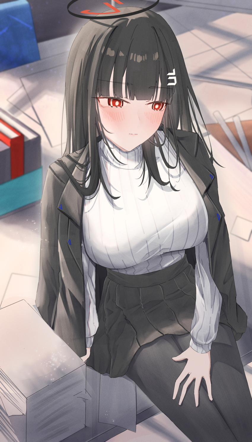 1girl absurdres black_hair black_pantyhose blazer blue_archive blunt_bangs blush hair_ornament hairclip halo highres jacket jacket_on_shoulders leonardo_566 long_hair pantyhose pleated_skirt red_eyes ringed_eyes rio_(blue_archive) sitting skirt solo sweater turtleneck turtleneck_sweater