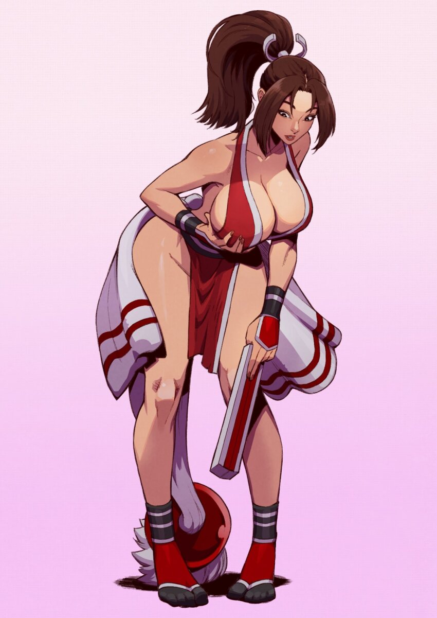 breasts brown_hair cleavage danusko dress fatal_fury grabbing_own_breast hand_fan high_ponytail highres holding holding_fan large_breasts long_hair looking_down ninja obi open_mouth pelvic_curtain ponytail red_dress sash shiranui_mai sideboob snk socks the_king_of_fighters thighs toes wide_hips