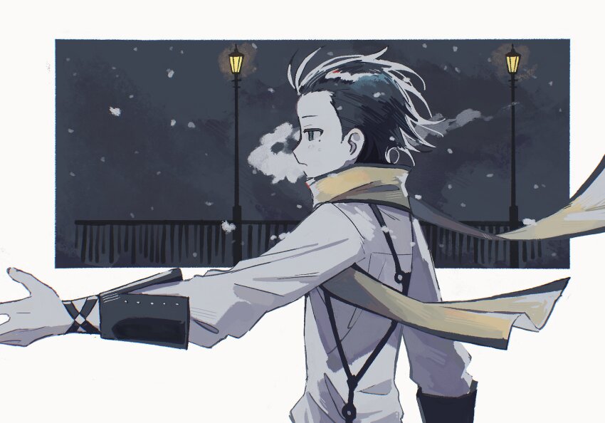 1boy black_hair black_trim blue_eyes breath floating_scarf from_side gm70t hair_slicked_back highres lamppost long_sleeves looking_ahead male_focus mochizuki_ryouji mole mole_under_eye night night_sky open_mouth outstretched_arm persona persona_3 profile railing scarf shirt short_hair short_sideburns sky sleeve_cuffs snowing solo suspenders upper_body white_shirt winter yellow_scarf