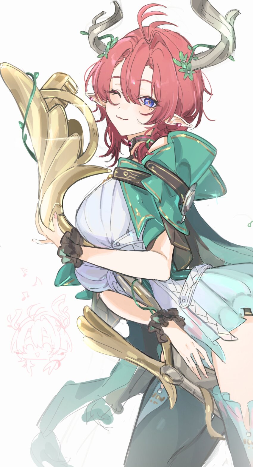 1girl absurdres awe_(adorableduckyy) black_choker blue_eyes boots breasts choker ciaccona_(wuthering_waves) closed_mouth commentary_request cowboy_shot dress frilled_wrist_cuffs frills from_side green_jacket hair_between_eyes highres holding holding_microphone_stand jacket large_breasts looking_at_viewer looking_to_the_side microphone_stand musical_note pointy_ears red_hair short_hair simple_background smile solo thigh_boots thighs tree_horns white_background white_dress wrist_cuffs wuthering_waves