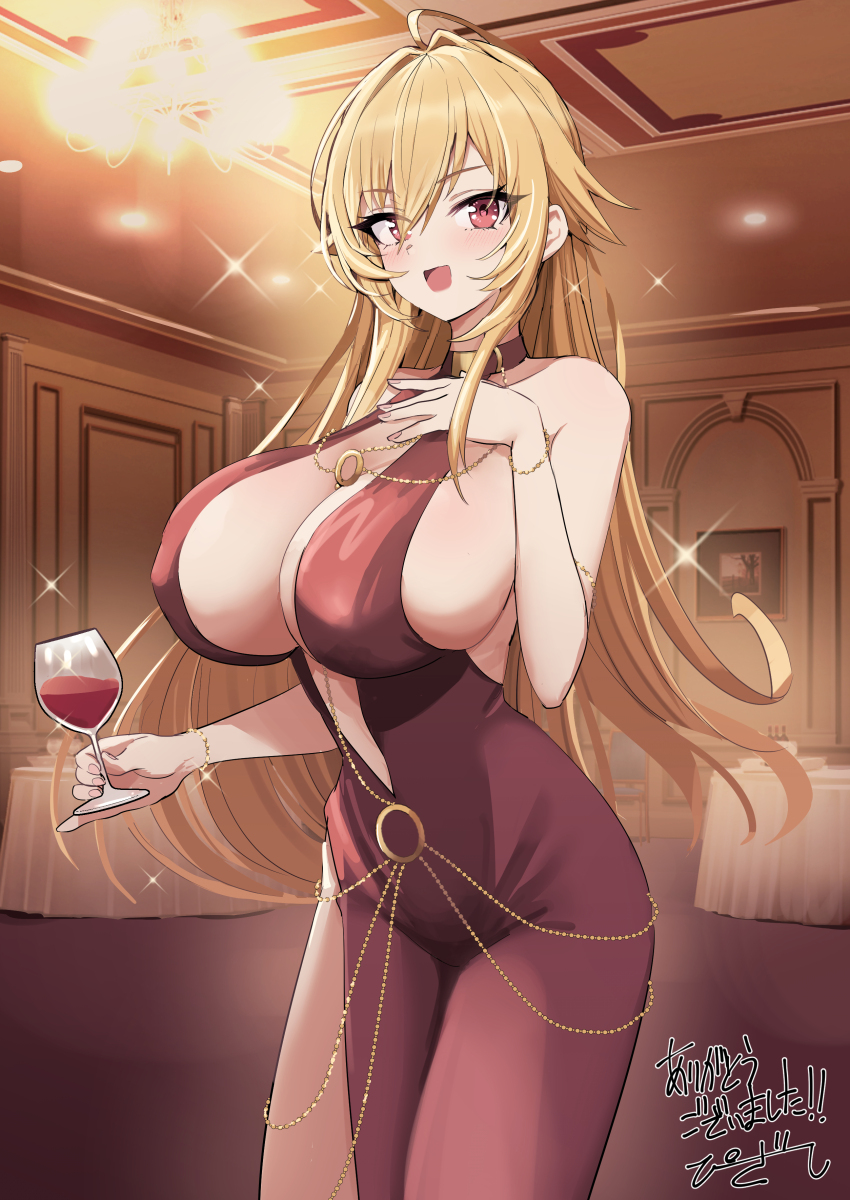 1girl absurdres ahoge alcohol angelica_rapha_redgrave bare_shoulders bb_(fate) bb_dubai_(fate) bb_dubai_(fate)_(cosplay) blonde_hair blush breasts cleavage cosplay cowboy_shot cup dress drinking_glass fate/grand_order fate_(series) halter_dress halterneck hand_on_own_chest highres holding holding_cup huge_breasts impossible_clothes impossible_dress indoors long_hair open_mouth otome_game_sekai_wa_mob_ni_kibishii_sekai_desu pizzasi red_dress red_eyes red_wine sideboob sideless_outfit solo username very_long_hair wine wine_glass