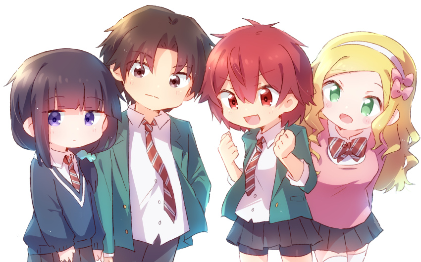 1boy 3girls aizawa_tomo bike_shorts bike_shorts_under_skirt black_hair black_pants black_shorts black_skirt blazer blonde_hair blue_cardigan blue_scrunchie bow bowtie brown_eyes brown_hair cardigan carol_olston clenched_hands closed_mouth collared_shirt commentary deformed diagonal-striped_bow diagonal-striped_bowtie diagonal-striped_clothes diagonal-striped_necktie green_eyes green_jacket gundou_misuzu hair_ornament hair_scrunchie hairband highres jacket kubota_junichirou long_hair long_sleeves looking_at_viewer multiple_girls necktie nyaa_(nnekoron) open_clothes open_jacket open_mouth pants pink_cardigan pleated_skirt purple_eyes red_bow red_bowtie red_eyes red_hair red_necktie school_uniform scrunchie shirt shorts simple_background skirt smile striped_clothes tomboy tomo-chan_wa_onna_no_ko white_background white_hairband white_shirt