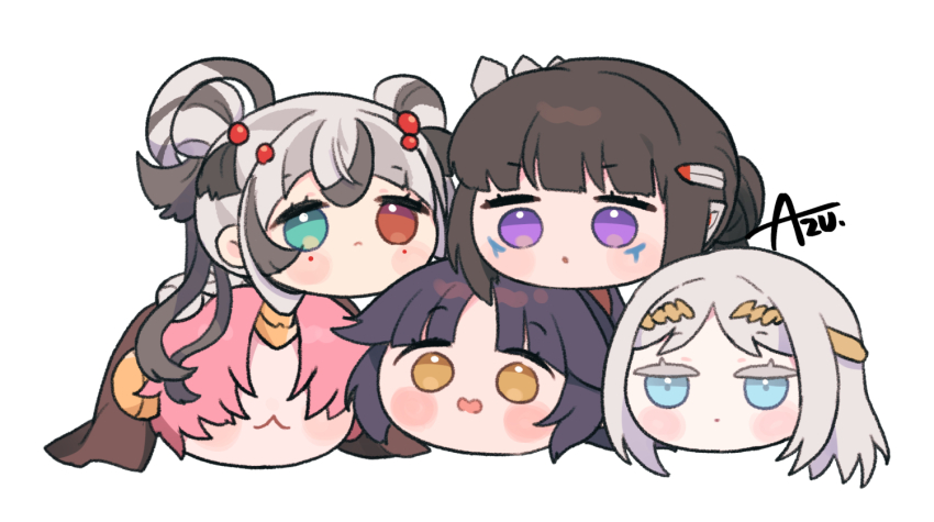 5girls azu_(kirara310) black_hair blush bridal_veil crown facial_mark fate/grand_order fate_(series) frankenstein&#039;s_monster_(fate) galatea_(fate) heterochromia kashin_koji_(fate) katou_danzou_(fate) multicolored_hair multiple_girls original pink_hair purple_eyes signature veil white_hair yellow_eyes