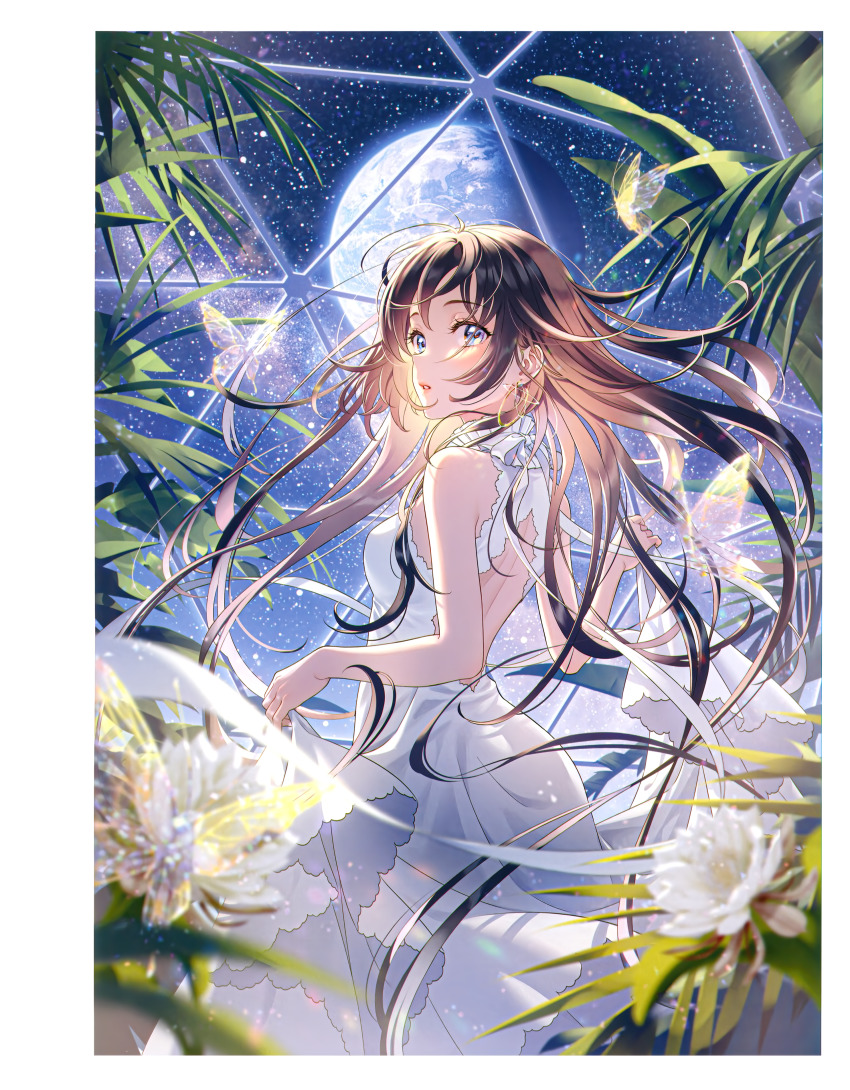 1girl absurdres arms_at_sides back_cutout bare_arms bare_back blue_eyes blurry border breasts brown_hair bug butterfly ceiling choker clothing_cutout depth_of_field dress earrings earth_(planet) expressionless eyelashes feet_out_of_frame floating_hair flower from_behind glint glowing glowing_butterfly hair_between_eyes hair_over_shoulder high_collar highres indoors insect jewelry leaf lens_flare light_particles long_dress long_hair looking_at_viewer looking_back median_furrow medium_breasts morikura_en nebula original palm_leaf parted_bangs parted_lips planet planetary_ring planetary_ring_earrings plant ribbon ribbon_choker see-through_clothes see-through_butterfly shoulder_blades sideboob sidelocks skirt_hold sky skylight sleeveless sleeveless_dress solo space star_(sky) starry_sky straight_hair very_long_hair water_lily_flower white_border white_dress white_flower white_ribbon yellow_butterfly