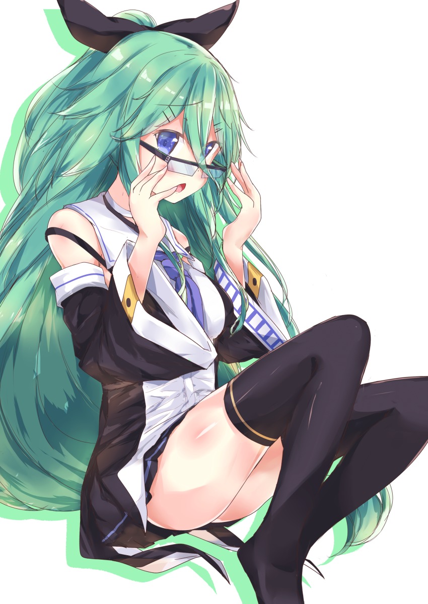 10s 1girl absurdres bespectacled black-framed_eyewear black_ribbon black_serafuku black_skirt black_thighhighs blue_eyes blue_neckerchief blue_ribbon detached_sleeves female_focus glasses green_hair hair_between_eyes hair_flaps hair_ornament hair_ribbon hairclip highres kantai_collection long_hair looking_at_viewer nagisa_(imizogami) neckerchief open_mouth pleated_skirt ponytail ribbon school_uniform serafuku skirt solo thighhighs yamakaze_(kancolle) zettai_ryouiki