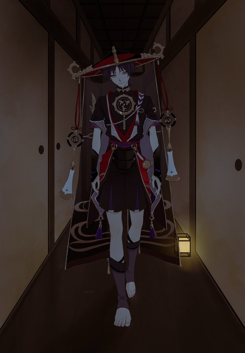 1boy absurdres armor arms_at_sides black_bodysuit black_hair black_kimono black_shorts black_sleeves blunt_ends bodysuit closed_mouth eyeliner eyeshadow frilled_sleeves frills full_body furisode genshin_impact gold gold_trim grey_leggings grey_veil hallway han&#039;eri hat highres japanese_armor japanese_clothes jewelry jingasa kimono kote kurokote layered_kimono layered_shorts layered_sleeves leggings looking_at_viewer makeup male_focus mandarin_collar mid-stride mitsudomoe_(shape) neck_ring open_clothes open_hand open_kimono pale_skin parted_bangs purple_eyes purple_rope purple_sash purple_shorts purple_sleeves red_eyeliner red_eyeshadow red_hat red_kimono red_sash rope sash scaramouche_(genshin_impact) shimenawa short_sleeves shorts single_sode sliding_doors smile solo tassel te1081 toeless_legwear toenails tomoe_(symbol) tsurime twitter_username veil walking white_kimono white_rope