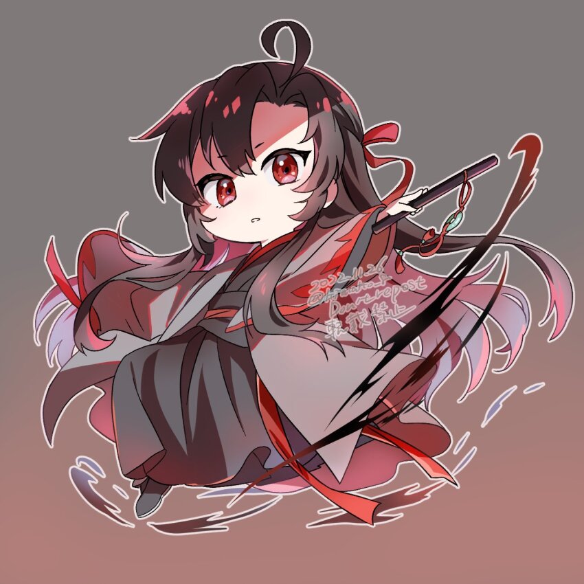 1boy ahoge black_boots black_hair black_hanfu black_smoke boots chibi chibi_only chinese_clothes coat colored_smoke dated dizi floating_clothes floating_hair flute flute_tassel full_body grey_coat hair_down hair_ribbon half_updo hand_fan hanfu highres holding holding_flute holding_instrument instrument kimako_(kimako_8) long_hair long_sleeves looking_at_viewer male_focus modao_zushi official_alternate_costume official_alternate_hairstyle open_clothes open_coat parted_lips red_eyes red_ribbon ribbon robe sash sidelocks simple_background smoke solo tassel transverse_flute twitter_username very_long_hair watermark wei_wuxian wei_wuxian_(yiling_laozu) wide_sleeves