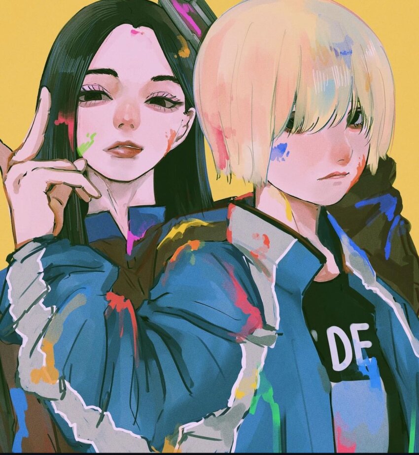 22enose22 2girls baby_walkure black_eyes eyelashes fukagawa_mahiro hand_up highres jacket long_bangs long_hair long_sleeves multiple_girls open_clothes open_jacket parted_lips red_lips short_hair simple_background sugimoto_chisato yellow_background