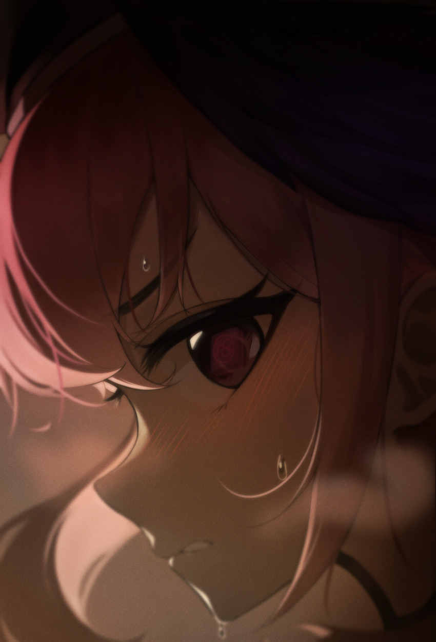 1girl absurdres backlighting blue_archive blush breath commentary_request content_rating eye_reflection film_grain head_wings highres koharu_(blue_archive) long_hair moving_gun parted_lips pink_hair portrait profile reflection solo sweat wings