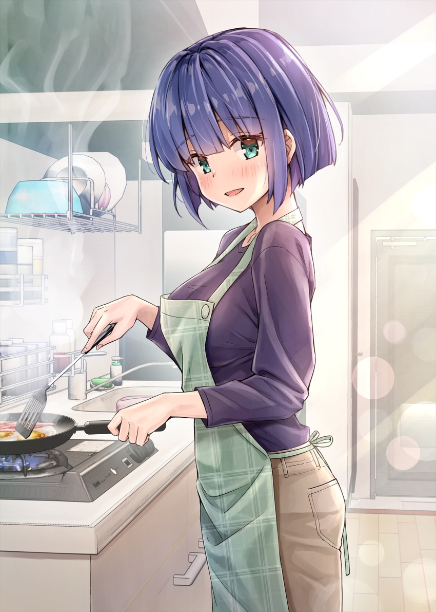 1girl apron blush cooking denim from_side highres indoors izumi_hina_(neet_kunoichi) jacket kitchen koyuki_(kotatsu358) looking_at_viewer neet_de_otaku_na_kunoichi_to_naze_ka_dousei_hajimemashita open_mouth paid_reward_available pants purple_hair short_hair smile solo spatula standing