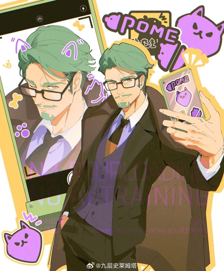 1boy black_jacket cellphone challia_bull drawn_ears facial_hair glasses goatee green_hair gundam gundam_gquuuuuux hand_in_pocket highres holding holding_phone jacket lee999nine male_focus medium_sideburns multiple_views mustache necktie one_eye_closed phone rectangular_eyewear selfie smartphone smile two-tone_necktie undercut vest watermark