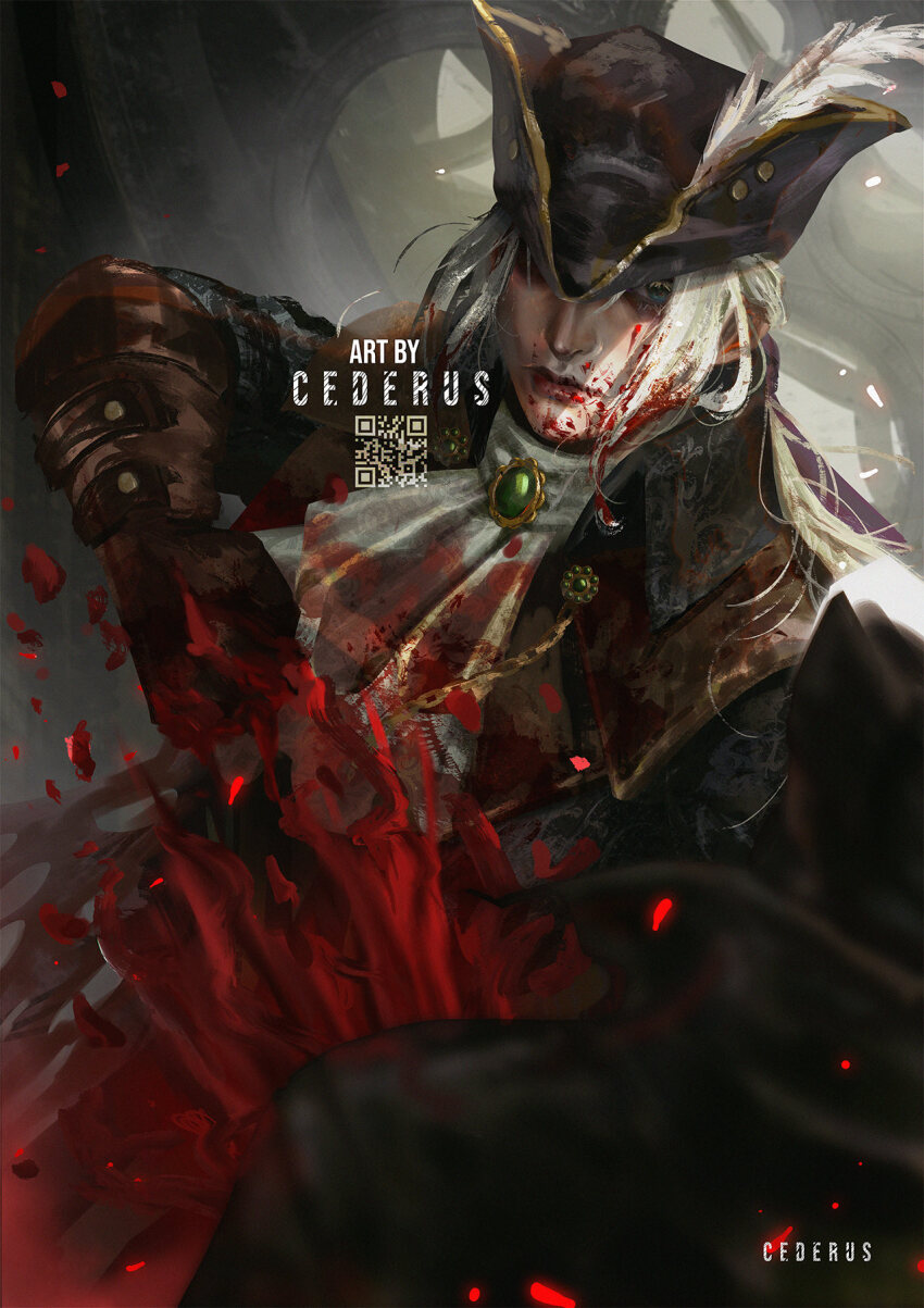 1girl ascot blonde_hair blood bloodborne blue_eyes cape cederus coat gem gloves hat hat_feather highres holding hunter_(bloodborne) lady_maria_of_the_astral_clocktower long_hair looking_at_viewer ponytail tricorne white_hair