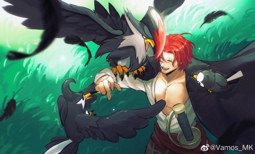 1boy absurdres animal_on_arm bare_pectorals bird bird_on_arm black_cape cape closed_eyes creatures_(company) crossover evolutionary_line feathers game_freak gen_4_pokemon grass highres long_sleeves male_focus nintendo one_piece open_mouth pectorals pokemon red_hair scar scar_across_eye scar_on_face shanks_(one_piece) shirt sparse_stubble staraptor staravia starly sword vamos_mk weapon white_shirt