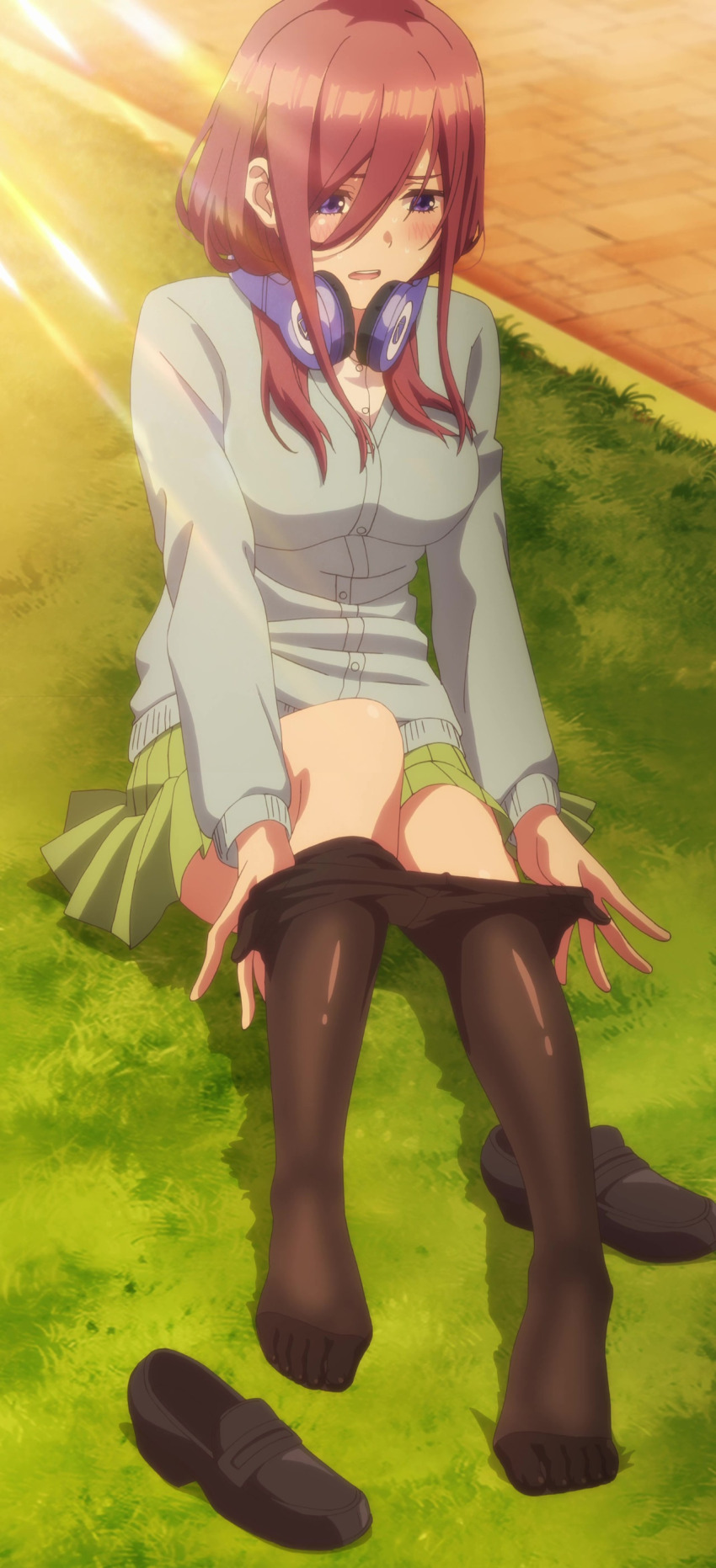 1girl absurdres black_pantyhose black_shoes blue_eyes blue_sweater blush breasts brown_hair clothes_pull exhausted feet female_focus full_body go-toubun_no_hanayome grass green_skirt hair_between_eyes hair_over_one_eye headphones headphones_around_neck highres large_breasts legs long_hair long_image long_sleeves miniskirt nakano_miku no_shoes official_art on_ground open_mouth outdoors pantyhose pantyhose_pull pleated_skirt pulling_own_clothes school_uniform shirt shirt_under_sweater shoes sitting skirt solo solo_focus sweat sweater teeth thighs toes unworn_shoes upper_teeth_only white_shirt