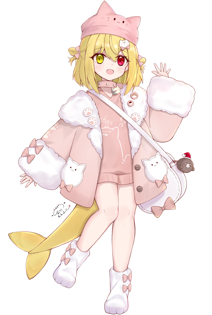 1girl absurdres animal_collar animal_hair_ornament animal_hands animal_hat badge bag bilibili_109308111 blonde_hair bow button_badge cat_hat cat_paws chinese_commentary coat collar commentary_request facing_viewer fins fish_tail fur_trim hair_between_eyes hand_up hat heterochromia highres indie_virtual_youtuber kaofish leg_up long_bangs long_sleeves looking_at_viewer name_tag nightcap open_hand open_mouth pink_coat pink_sweater red_eyes shark_tail shoulder_bag signature sleeves_past_wrists smile socks standing sweater tail teeth upper_teeth_only white_socks yellow_eyes