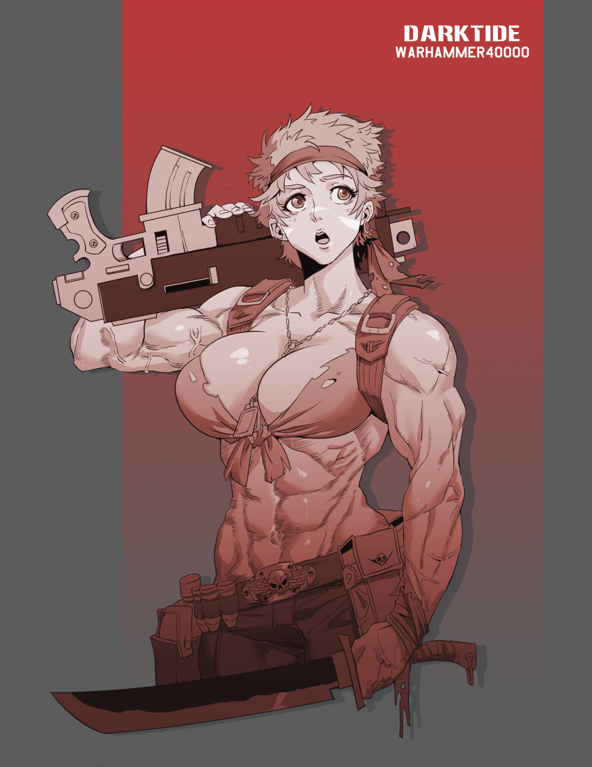 1girl abs absurdres ammunition_pouch astra_militarum belt biceps bikini bikini_top_only bolter breasts dog_tags earrings front-tie_bikini_top front-tie_top gradient_background gun headband highres jewelry knife machete muscular muscular_female outside_border pouch red_background rmulderz short_hair simple_background skull swimsuit toned veins warhammer_40k weapon