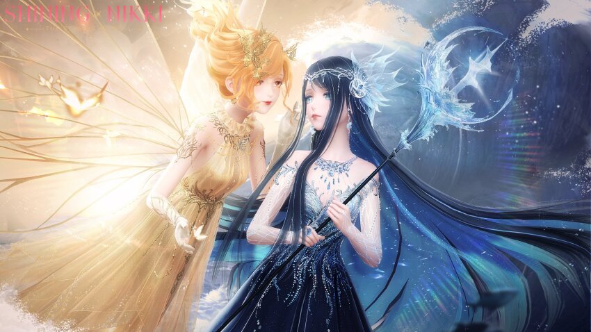 3d abstract_background black_dress blonde_hair blue_eyes breasts bug butterfly butterfly_hair_ornament cleavage commentary copyright_name dress english_commentary fairy_wings fire gloves hair_ornament highres holding holding_staff holding_polearm insect jewelry lipstick long_dress long_hair looking_at_another makeup multiple_girls necklace nikki_(series) official_art polearm shining_nikki short_hair small_breasts staff tiara tidal_wave trident water weapon white_gloves wings yellow_dress yellow_eyes