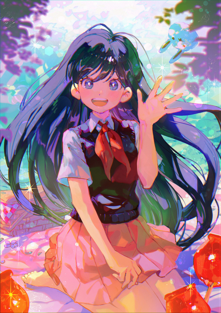 1girl absurdres aoki_(fumomo) backlighting barefoot black_hair black_sweater_vest bright_pupils brown_skirt collared_shirt grey_eyes hair_behind_ear highres knees_out_of_frame long_hair looking_at_viewer mari_(headspace)_(omori) mari_(omori) neckerchief omori open_mouth outdoors picnic picnic_basket picnic_blanket pleated_skirt red_neckerchief shirt short_sleeves sitting skirt smile solo sweater_vest teeth upper_teeth_only waving white_pupils white_shirt