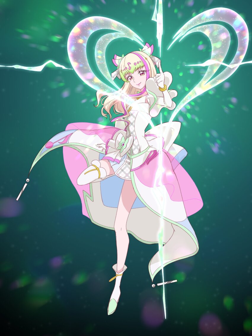 1girl blonde_hair boots bracelet bubble_skirt cure_zukyuun dress elbow_gloves energy_beam floating fortissimo frilled_dress frilled_ribbon frilled_skirt frilled_sleeves frills full_body gloves green_hair hair_extensions hair_ornament hair_ribbon heart heart-shaped_pupils high_heels highres jewelry jhon_lozano jumping kimi_to_idol_precure knee_boots kneehighs laser leg_up light_in_heart looking_at_viewer musical_note musical_note_hair_ornament neon_lights pink_hair pointing pointing_up precure puffy_dress puffy_short_sleeves puffy_sleeves purirun_(human_form) red_eyes ribbon short_sleeves single_bare_leg single_bare_shoulder single_kneehigh single_sock skirt sleeveless socks solo solo_focus stage_lights standing standing_on_one_leg symbol-shaped_pupils wrist_cuffs