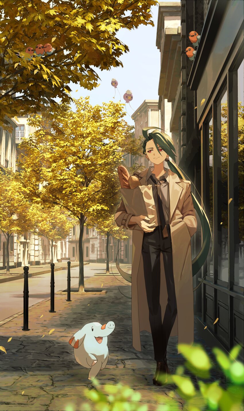 1girl absurdres autumn autumn_leaves bag bird blurry blurry_foreground bread carrying city coat drifloon ear_piercing elephant fletchling food full_body game_freak gen_2_pokemon gen_4_pokemon gen_6_pokemon green_hair highres leaf long_hair nintendo open_mouth outdoors paper_bag phanpy piercing pokemon pokemon_sv ponytail red_eyes rika_(pokemon) slice_of_life smile solo stone_walkway trench_coat utkw_n very_long_hair walking window