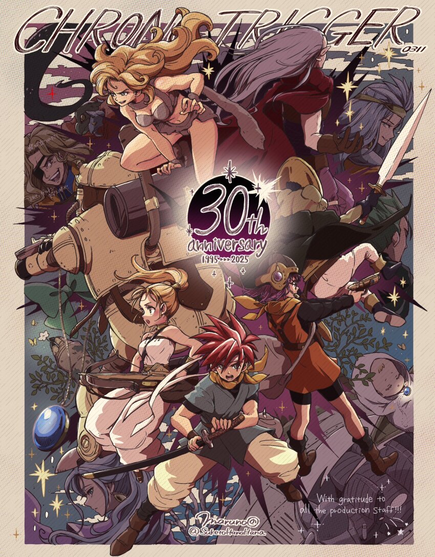 6+boys 6+girls anniversary armor ayla_(chrono_trigger) baby bag baggy_pants bare_shoulders bike_shorts black_shirt black_shorts blonde_hair blue_gemstone blue_hair blue_tunic boots bow_(weapon) breasts brown_boots brown_gloves cavewoman chrono_trigger cleavage cloak closed_eyes crono_(chrono_trigger) crossbow crown curly_hair dalton dress everyone eyepatch fighting_stance frog_(chrono_trigger) frog_boy full_body fur_shirt fur_skirt fur_wrist_cuffs furrowed_brow gem glasses gloves green_cloak grey_fur grey_hair gun headband headset helmet highres holding holding_crossbow holding_gun holding_sword holding_weapon katana kid_(chrono_cross) long_hair long_sleeves lucca_ashtear magus_(chrono_trigger) marle_(chrono_trigger) maruno medium_breasts midriff multiple_boys multiple_girls navel neckerchief open_mouth orange_tunic pants pointy_ears ponytail purple_dress purple_hair queen_zeal red_cloak robo_(chrono_trigger) robot schala_zeal shirt shorts shoulder_armor shoulder_bag smile sparkle spiked_hair strapless strapless_shirt sword tunic upper_body weapon white_headband white_pants white_romper wrist_cuffs yellow_neckerchief