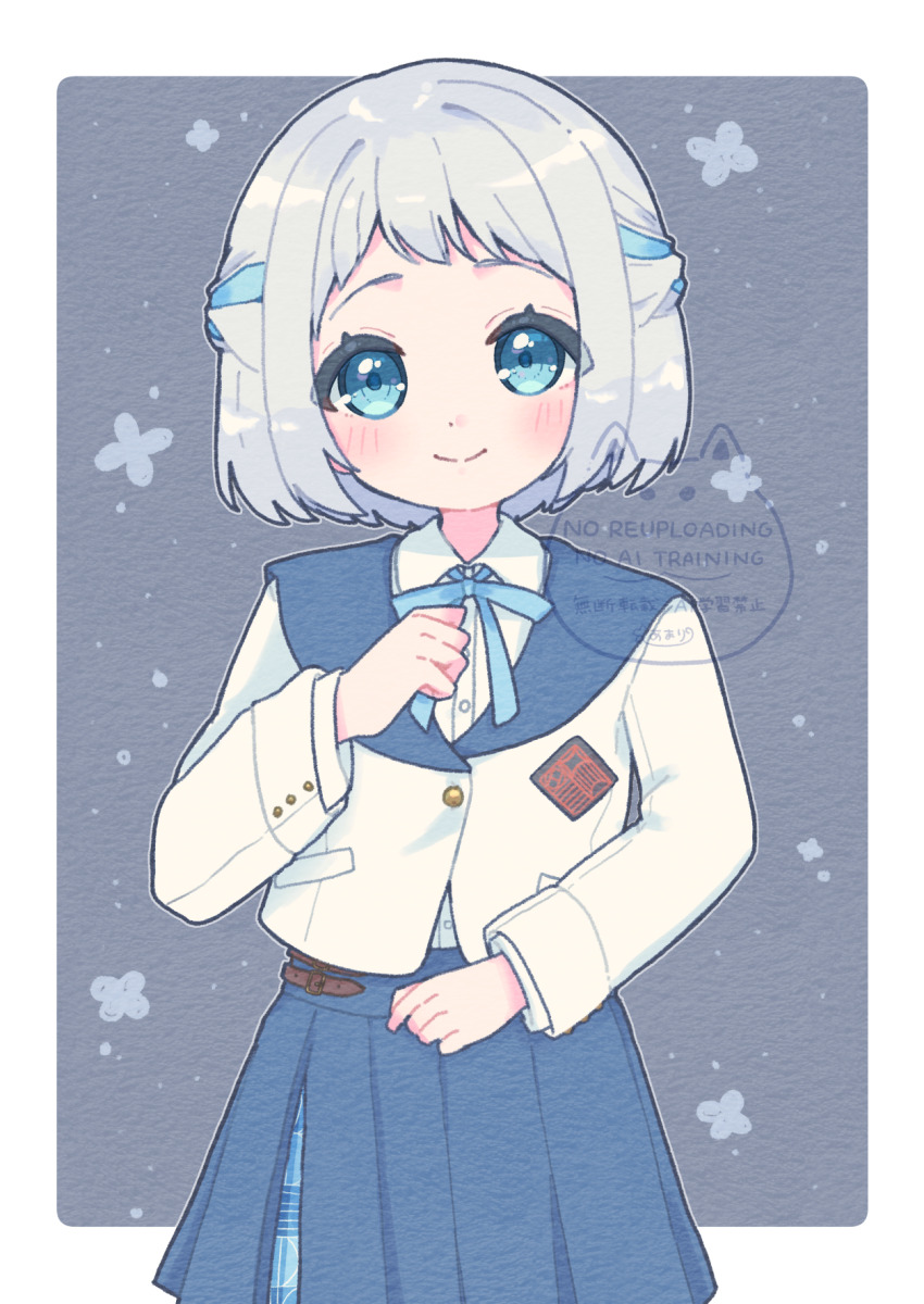 1girl amari_(ama_shiiiiiiba) blue_eyes blue_ribbon blue_skirt blush braid closed_mouth collared_shirt cowboy_shot dress_shirt gakuen_idolmaster grey_hair hair_ribbon half_up_braid hatsuboshi_gakuen_school_uniform highres idolmaster jacket katsuragi_lilja looking_at_viewer neck_ribbon overskirt pleated_skirt ribbon ribbon_braid school_uniform shirt short_hair skirt smile solo watermark white_jacket white_shirt
