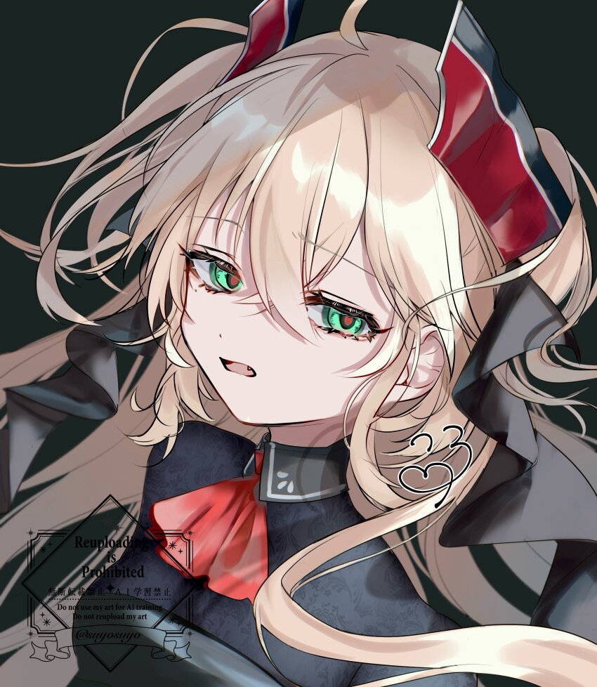 1girl admiral_hipper_(azur_lane) admiral_hipper_(meta)_(azur_lane) ascot azur_lane black_background black_ribbon blonde_hair crossed_bangs fang green_eyes hair_ribbon highres long_hair looking_at_viewer parted_lips red_ascot red_pupils ribbon simple_background solo suyosuyo upper_body watermark