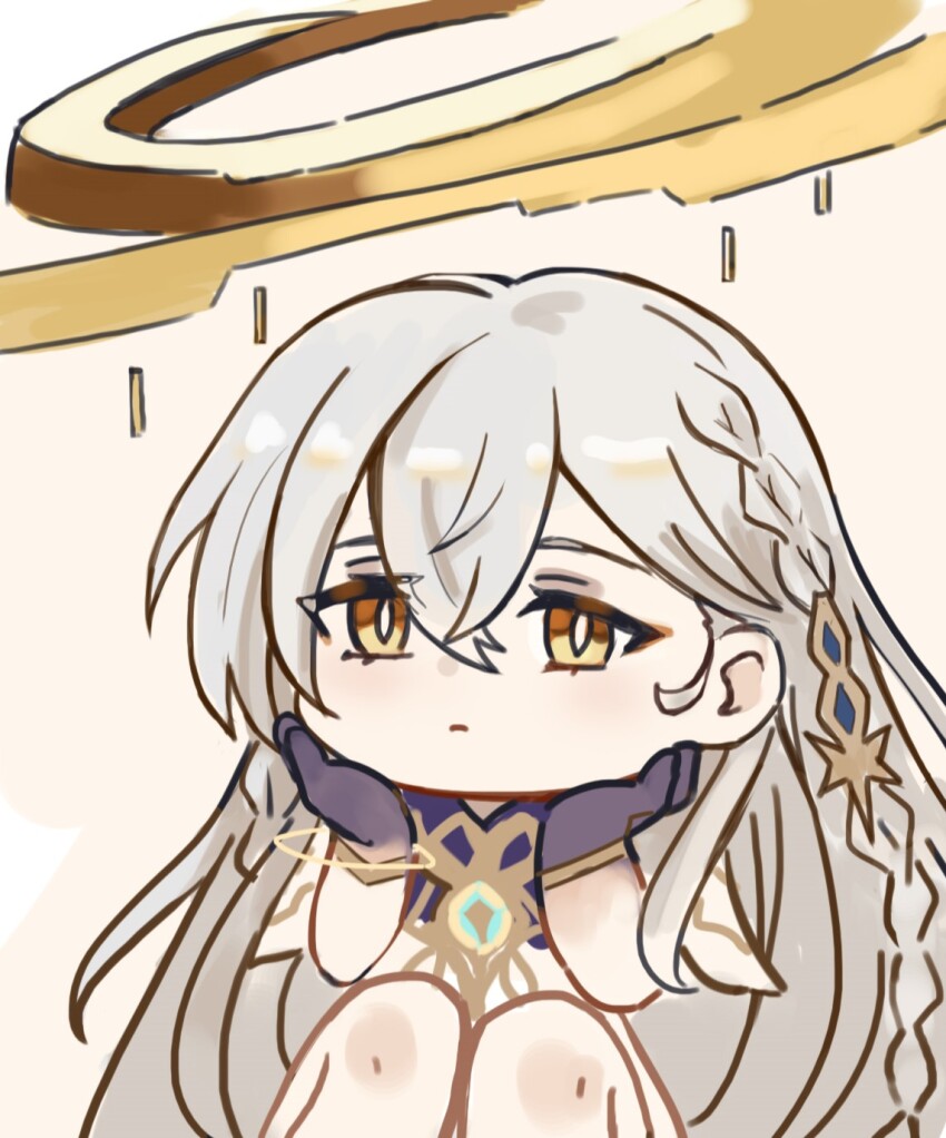 1girl bracelet braid chibi closed_mouth genshin_impact gloves gold_bracelet halo highres istaroth_(genshin_impact) j_zhen jewelry long_hair simple_background sitting solo very_long_hair white_hair yellow_eyes