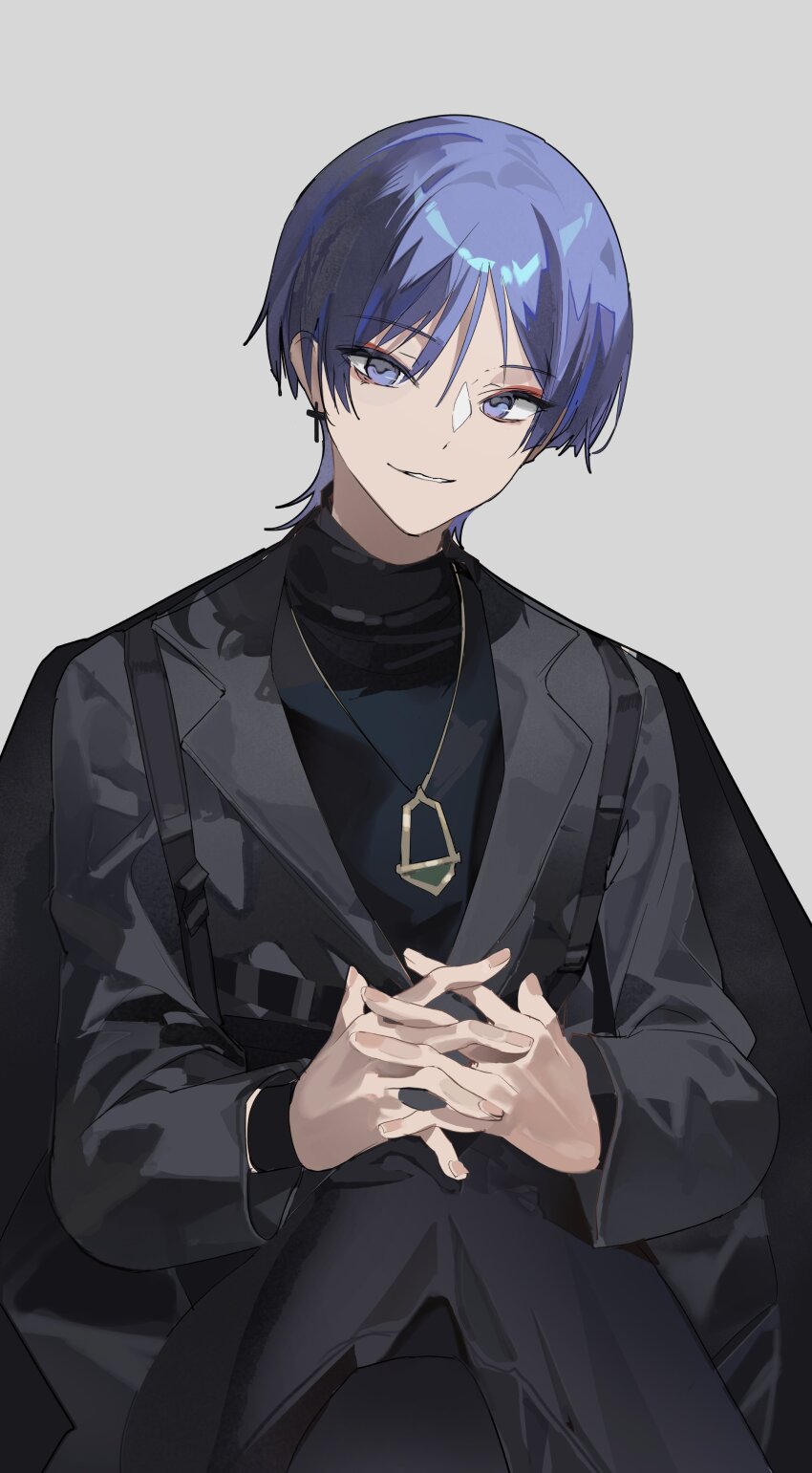 1boy absurdres alternate_costume belt black_belt black_coat black_jacket black_shirt black_sleeves black_undershirt blunt_ends casual coat coat_on_shoulders contemporary cross cross_earrings earrings eyeliner eyeshadow fingernails genshin_impact gold_necklace gold_pendant grey_background hands_on_own_knee highres jacket jewelry lapels leather_coat long_sleeves looking_at_viewer makeup male_focus necklace ohaek12 own_hands_clasped own_hands_together parted_lips purple_eyes purple_hair red_eyeliner red_eyeshadow scaramouche_(genshin_impact) shirt smile solo suspenders tsurime turtleneck turtleneck_shirt white_mouth wristband