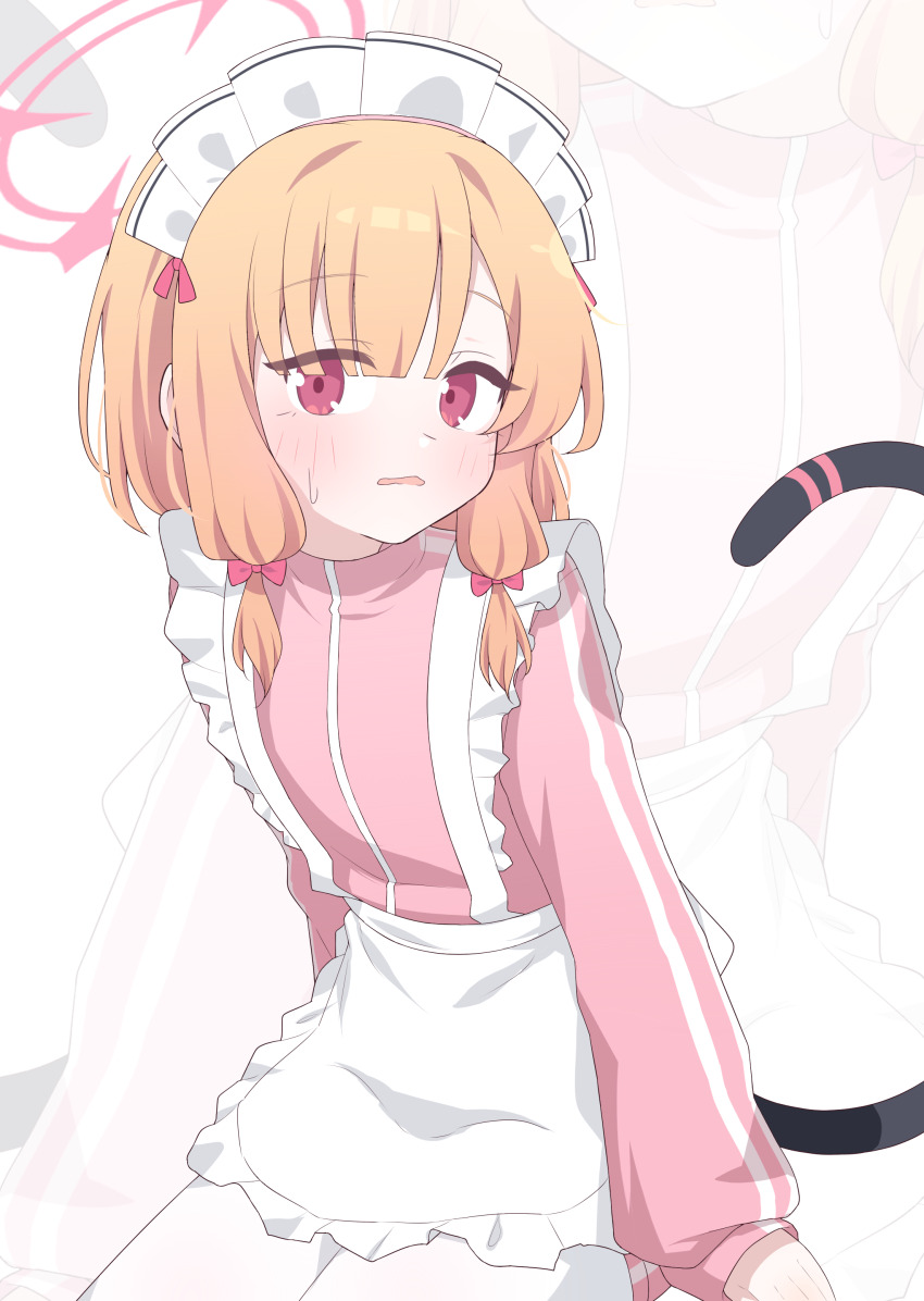 1girl absurdres animal_ear_headphones animal_ears apron blonde_hair blue_archive blush cat_ear_headphones fake_animal_ears frilled_apron frills green_halo hagoonha halo headphones highres holding holding_mop jacket looking_at_viewer low_twintails maid_apron maid_headdress momoi_(blue_archive) momoi_(maid)_(blue_archive) mop pants parted_lips pink_halo pink_jacket pink_pants pink_track_suit red_eyes solo track_jacket track_suit twintails white_apron