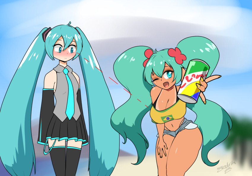 2girls :d :| alternate_breast_size aqua_necktie aqua_trim artist_name bare_shoulders bikini bikini_under_clothes black_bikini black_skirt black_sleeves black_thighhighs blue_eyes blue_hair blurry blurry_background blush brazilian_flag brazilian_flag_print brazilian_miku breast_awe breasts can cleavage closed_mouth collared_shirt crop_top cutoffs day detached_sleeves drink_can dual_persona flag_print flower grey_shirt grey_shorts hair_between_eyes hair_flower hair_ornament hatsune_miku highres holding holding_can large_breasts long_hair long_sleeves looking_at_another looking_at_breasts looking_at_viewer micro_shorts multiple_girls nail_polish navel necktie nose_blush off-shoulder_shirt off_shoulder one_eye_closed open_mouth outdoors pink_flower pleated_skirt shirt shorts shoulder_tattoo signature skirt sleeveless sleeveless_shirt sleeves_past_fingers sleeves_past_wrists small_breasts smile soda_can standing swimsuit tan tanline tanline_peek tattoo thick_thighs thighhighs thighs torn_clothes torn_shorts twintails very_long_hair vocaloid yellow_nails yellow_shirt zedrin zettai_ryouiki