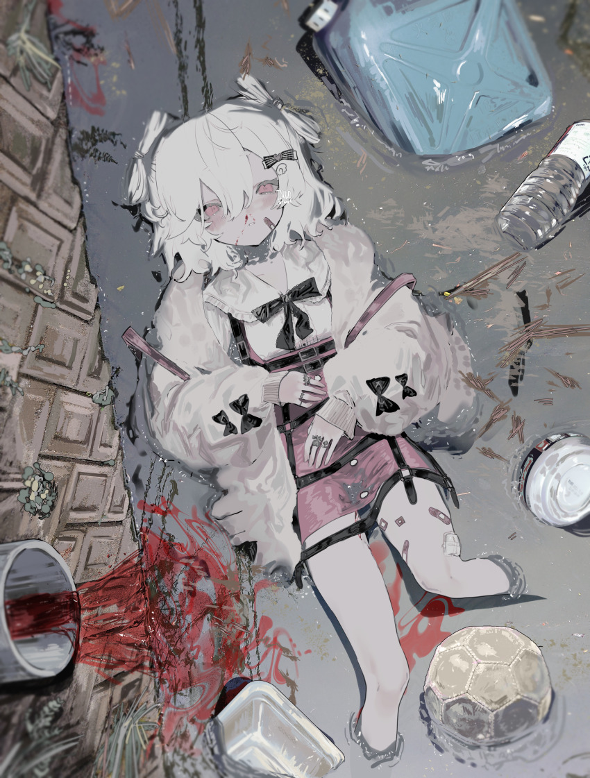 1girl absurdres ball blood bow canal dirty dirty_clothes dress highres jerry_can jewelry mud nosebleed original pink_eyes plastic_bottle ribbon ring shibakure_inuwo soccer_ball street_gutter styrofoam white_hair