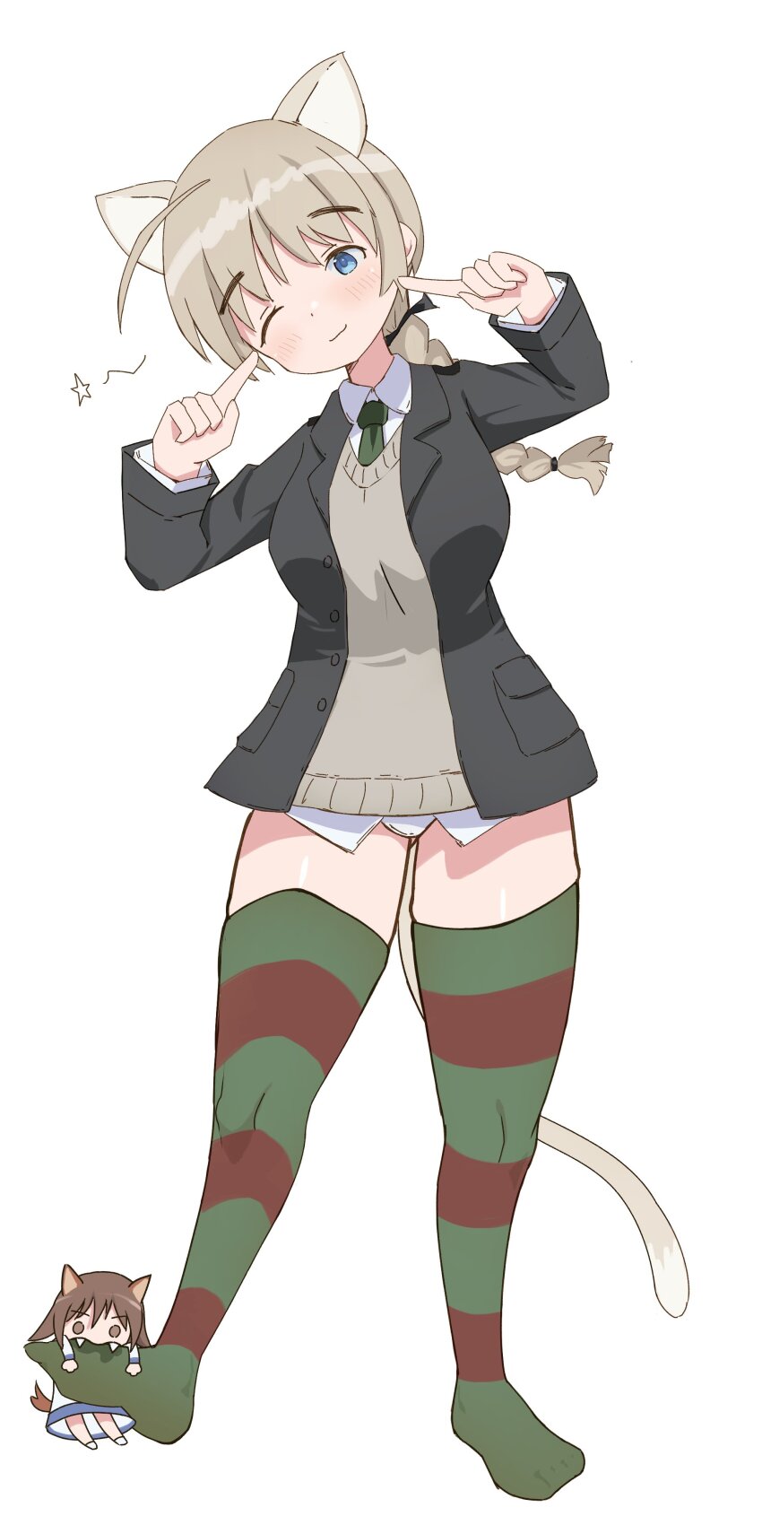 2girls absurdres animal_ears biting bkf3110 black_jacket blue_eyes blush braid brown_hair cat_ears cat_girl cat_tail chibi dog_ears dog_girl dog_tail full_body highres jacket long_hair lynette_bishop miyako_yoshika multiple_girls necktie no_pants one_eye_closed shirt short_hair simple_background single_braid smile standing strike_witches striped_clothes striped_thighhighs sweater_vest tail thighhighs white_background white_shirt world_witches_series