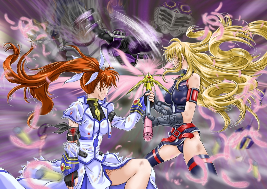 1boy 2girls armor battle cartridge crossover epic fate_testarossa fate_testarossa_(true_sonic_form) feathers fighting helmet highres kamen_rider kamen_rider_ouja kamen_rider_ryuki kamen_rider_ryuki_(series) kicking lyrical_nanoha multiple_girls raising_heart raising_heart_(exceed_mode) takamachi_nanoha takamachi_nanoha_(exceed_mode) tarisa thighhighs torn_clothes