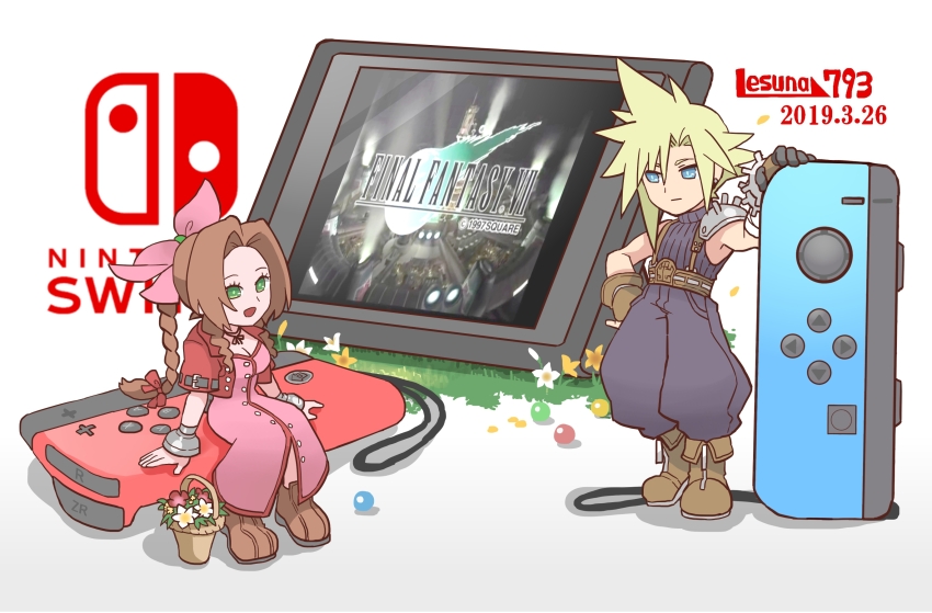 1997 1boy 1girl aerith_gainsborough armor artist_name baggy_pants bandaged_arm bandages bangle belt blonde_hair blue_eyes blue_pants blue_shirt boots bracelet braid braided_ponytail breasts brown_belt brown_boots brown_gloves brown_hair center_opening chibi chibi_only choker cleavage closed_mouth cloud_strife controller cropped_jacket dated dress earrings final_fantasy final_fantasy_vii fingerless_gloves flower flower_basket full_body game_controller gloves grass green_eyes hair_between_eyes hair_bobbles hair_ornament hair_ribbon hand_on_own_hip highres jacket jewelry joy-con lesuna lily_(flower) long_dress long_hair male_focus materia medium_breasts nintendo_switch open_mouth pants parted_bangs pauldrons pink_dress pink_ribbon red_flower red_jacket ribbon ribbon_choker shirt short_hair short_sleeves shoulder_armor sidelocks simple_background single_bare_shoulder single_braid single_earring single_pauldron sitting sleeveless sleeveless_turtleneck smile spiked_hair square_enix standing suspenders turtleneck white_background white_flower