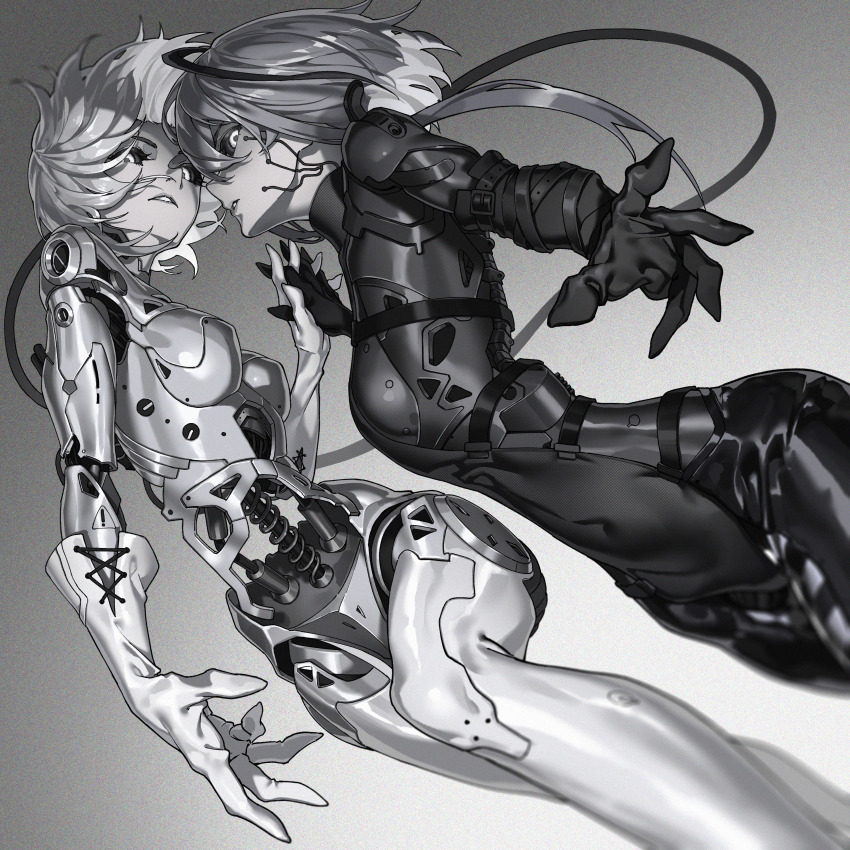 2girls absurdres breasts commentary commission cyborg english_commentary floating_hair gloves greyscale highres marui_(fxxstate_ofmind) monochrome multiple_girls navel original parted_lips short_hair skeb_commission spring_(object) white_eyes white_gloves